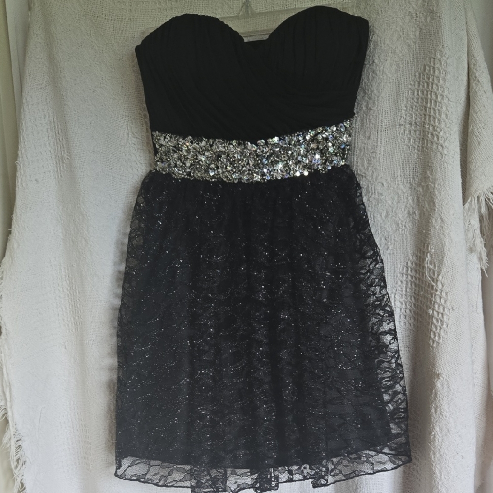 My Michelle Juniors Elegant Black Strapless Dress with Silver Accents